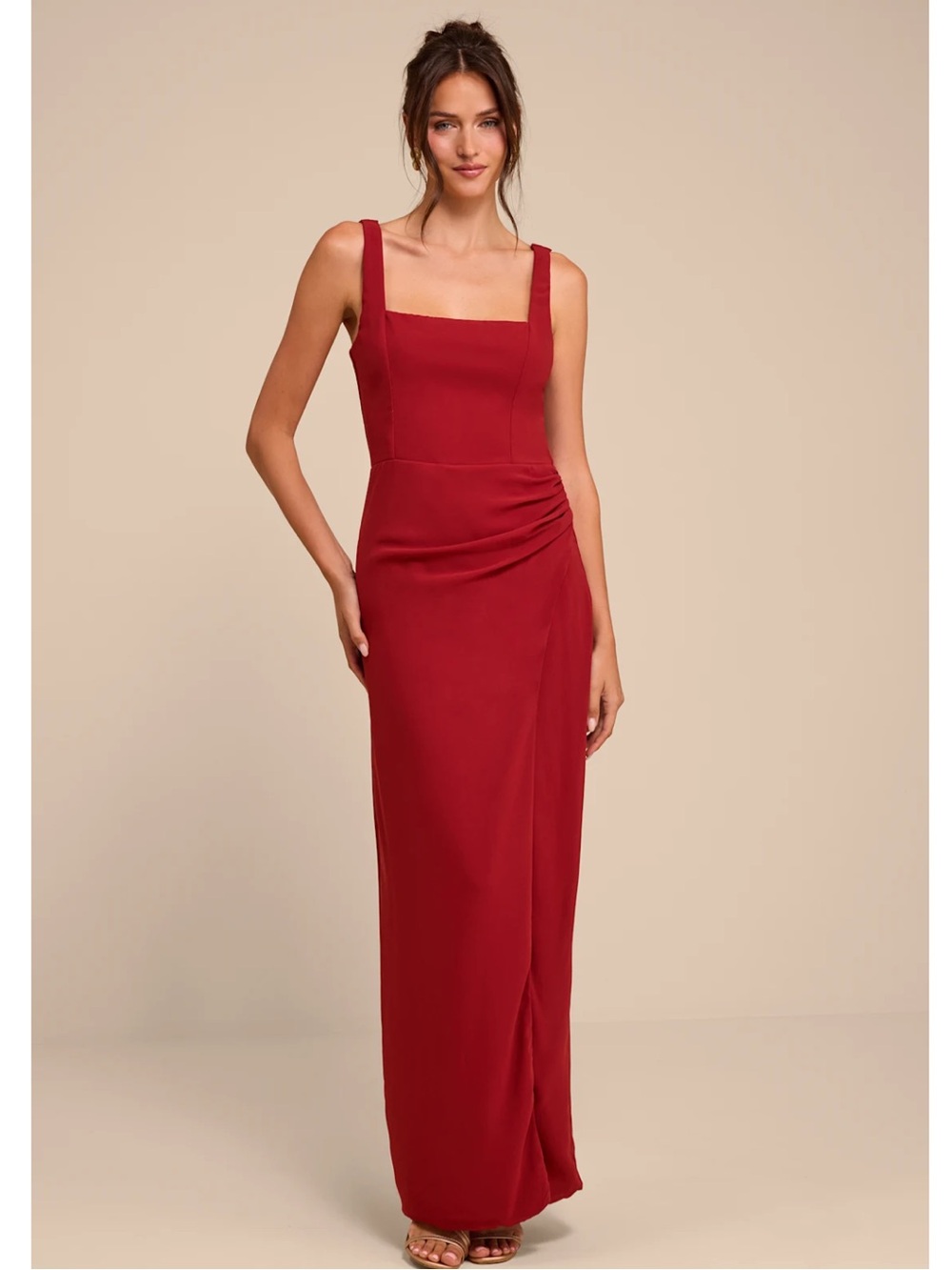 Lulus Glamorous Disposition Rust Ruched Square-Neck Chiffon Maxi Dress Event
